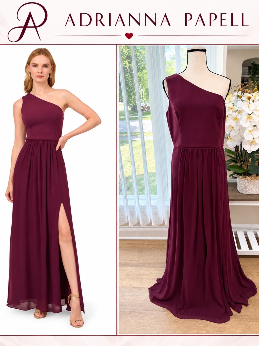 Adrianna Papell Women's One Shoulder Chiffon Gown, Cassis, 14 New